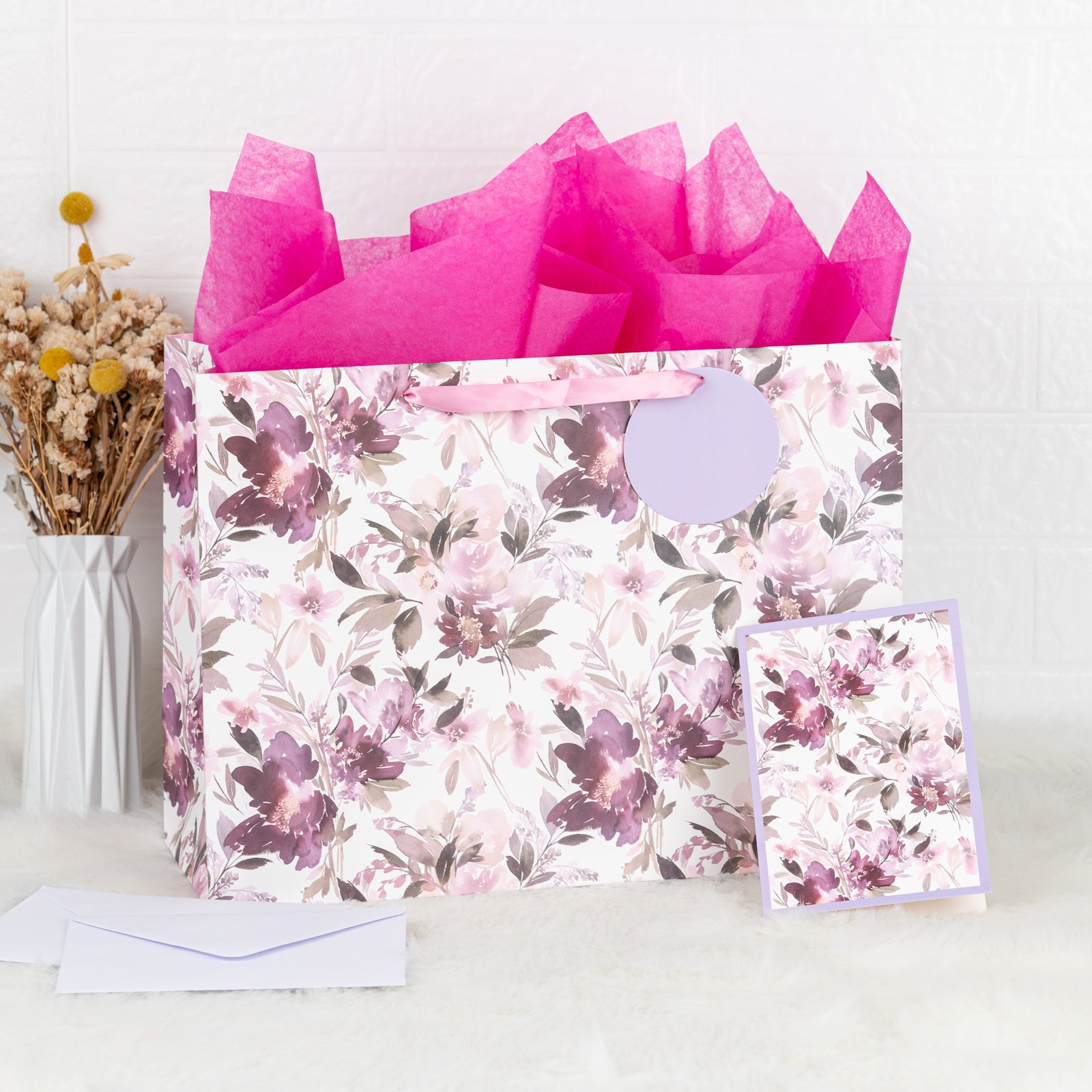 13 Large Rose Purple Gift Bag Set with Greeting Card and Tissue Paper for  Ce