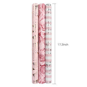 MAYPLUSS Gift Wrapping Paper Roll - Mini Roll - 17.3 inch x 120 inch per Roll - 3 Different Silver Floral Design