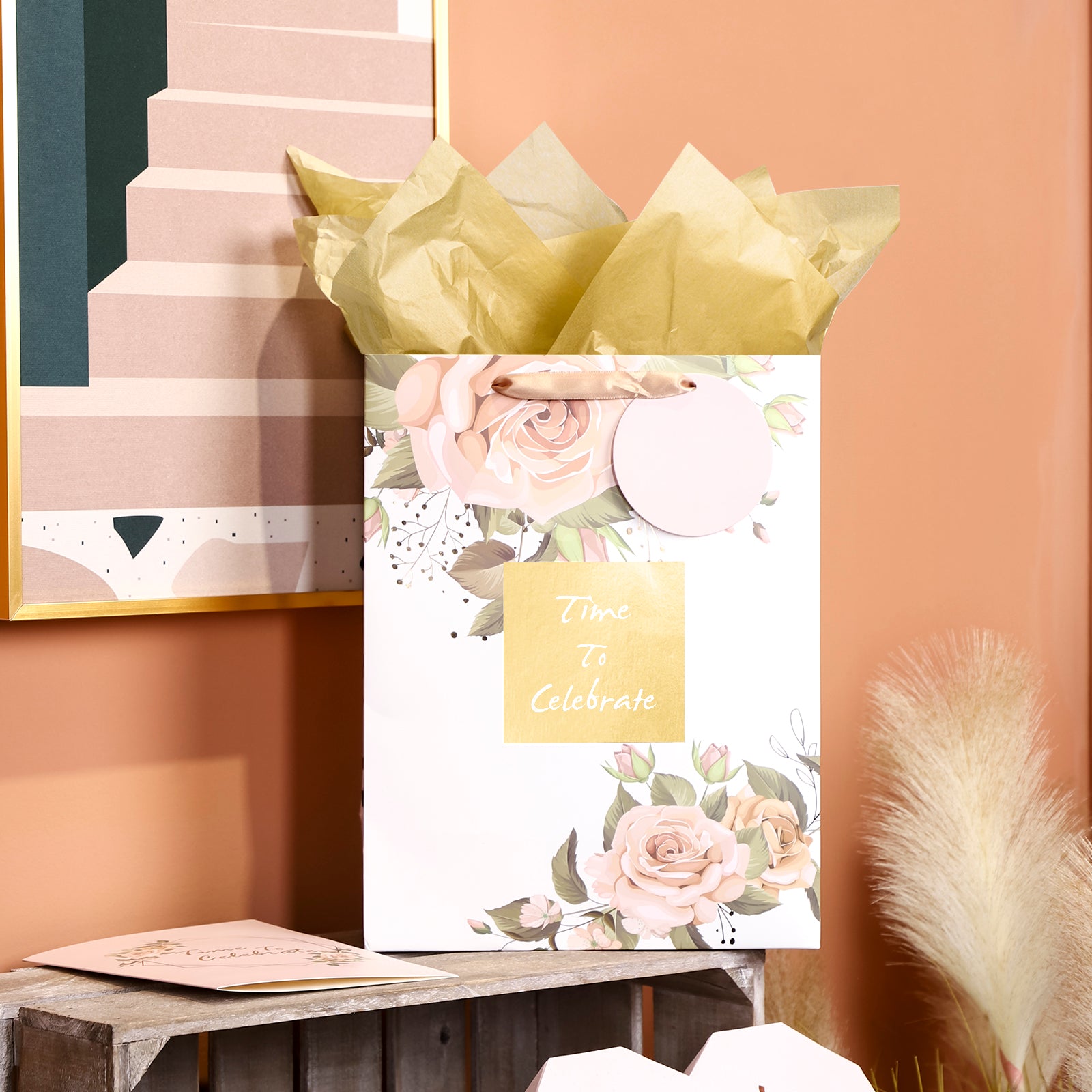 MAYPLUSS 13 Large Pink Gold Gift Bag with Card and Tissue Paper for W –  Maypluss