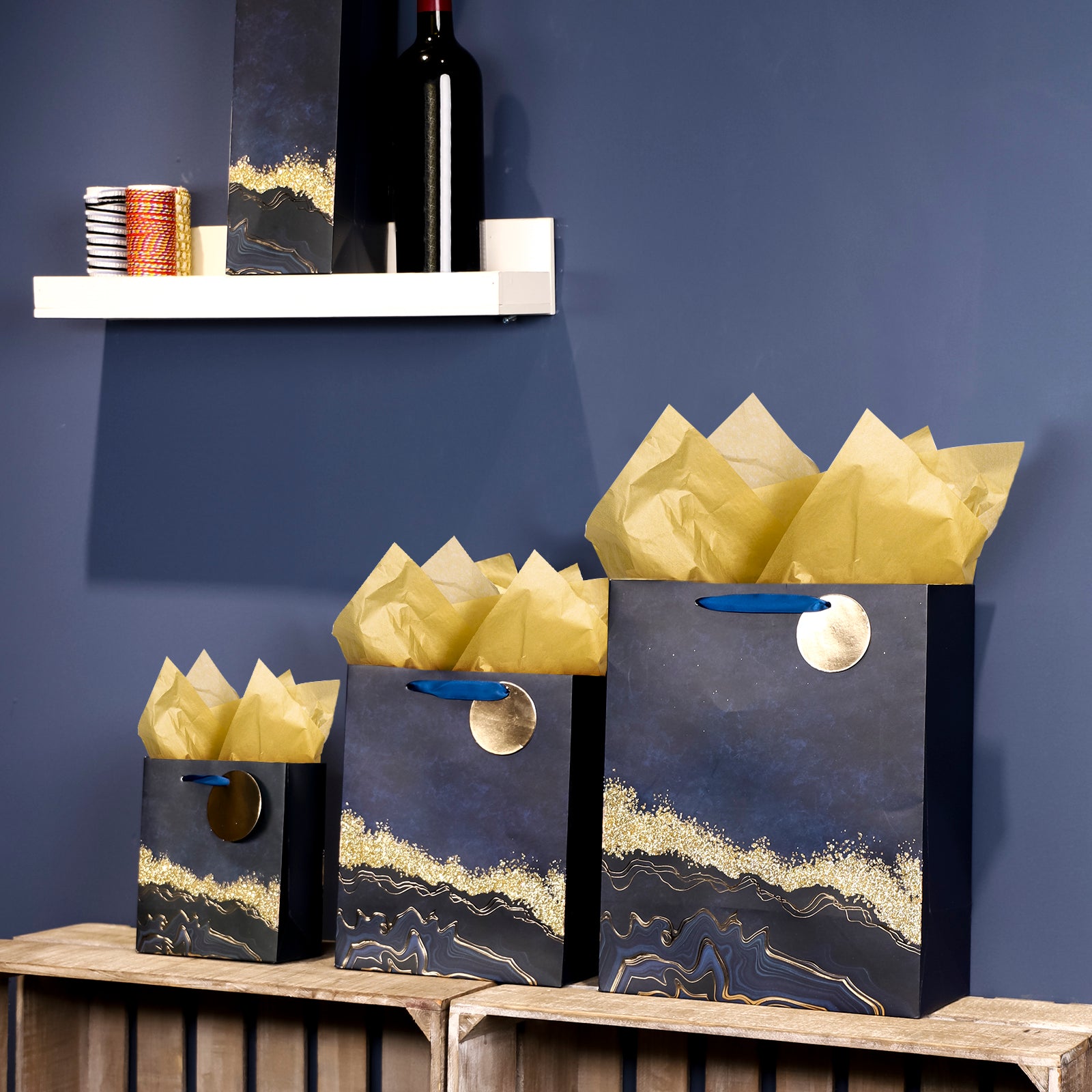 Blue Gift Bag with Gold Stars Tissue Paper –